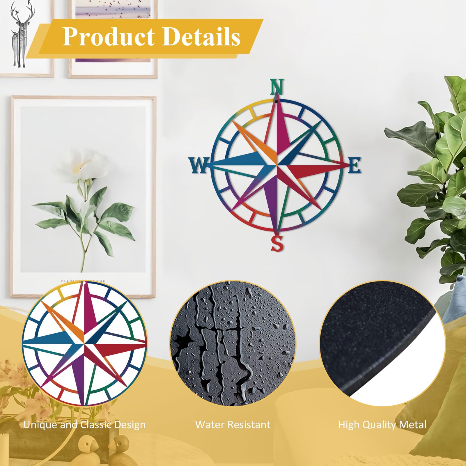 ESTART 11 Inches Metal Decorative Nautical Compass Wall Decor, Living Room Bedroom Office Porch Garden Patio Signs Wall Hanging Art Beach Theme Home Decoration (Colorful) - Image 6