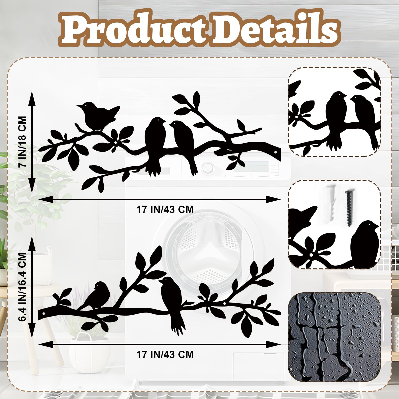 ESTART 2 Pcs Metal Birds Wall Art, Metal Vivid Birds on Branch Silhouette Wall Decor Black Leaves with Bird Outdoor Hanging Wall Sculpture for Home Balcony Garden Indoor Outdoor (Black) - Image 6