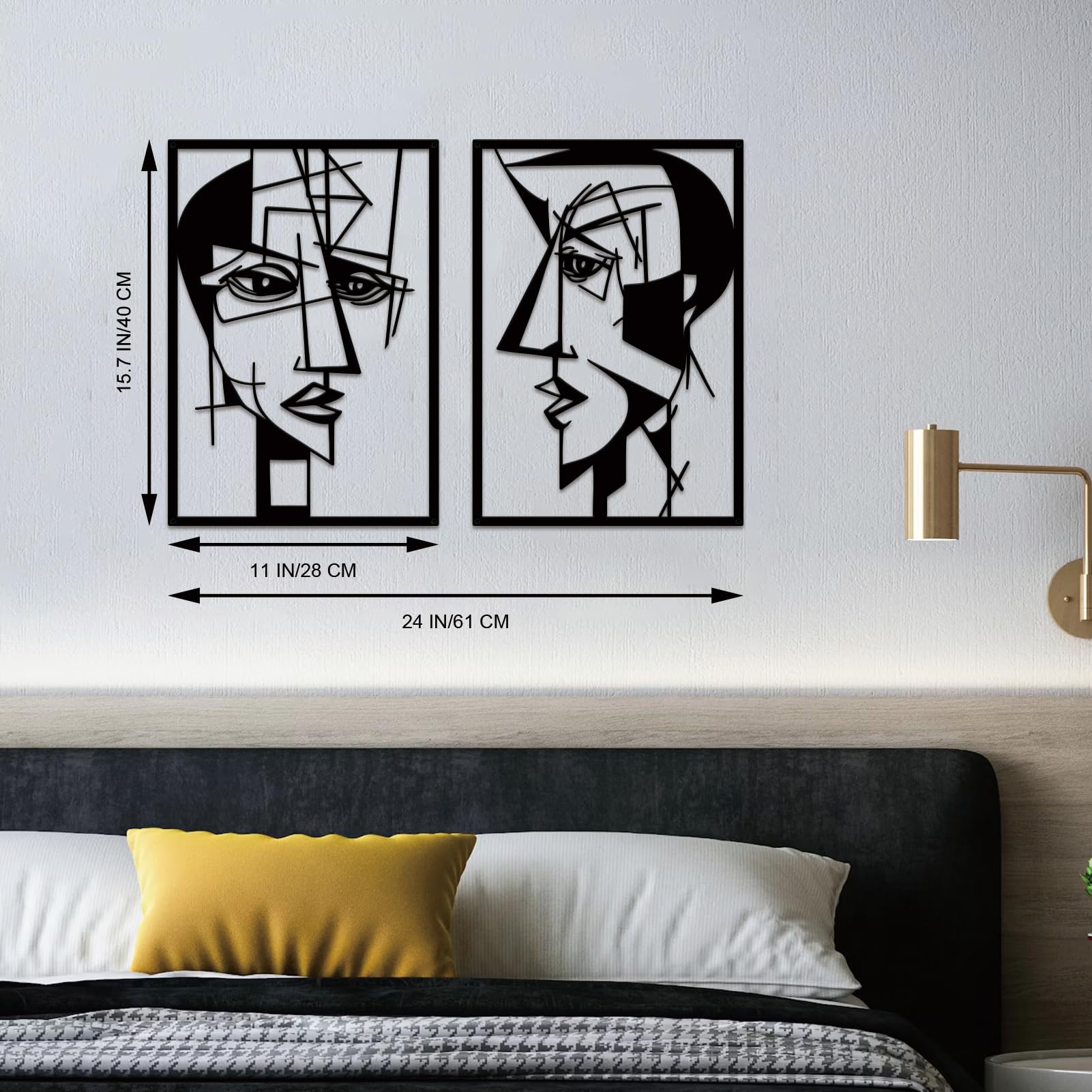 ESTART 2 Pieces Abstract Lover Faces Metal Wall Decor, Modern Minimalist Single Line Geometric Hanging Wall Art, Black Metal Wall Sculptures for Home Living Room Bedroom Bathroom Kitchen 24x15.7 IN - Image 3