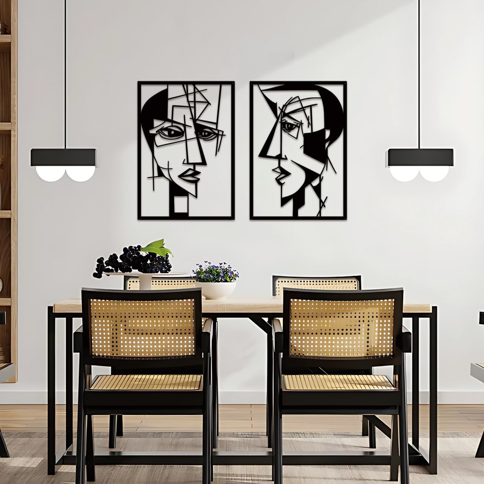ESTART 2 Pieces Abstract Lover Faces Metal Wall Decor, Modern Minimalist Single Line Geometric Hanging Wall Art, Black Metal Wall Sculptures for Home Living Room Bedroom Bathroom Kitchen 24x15.7 IN - Image 4