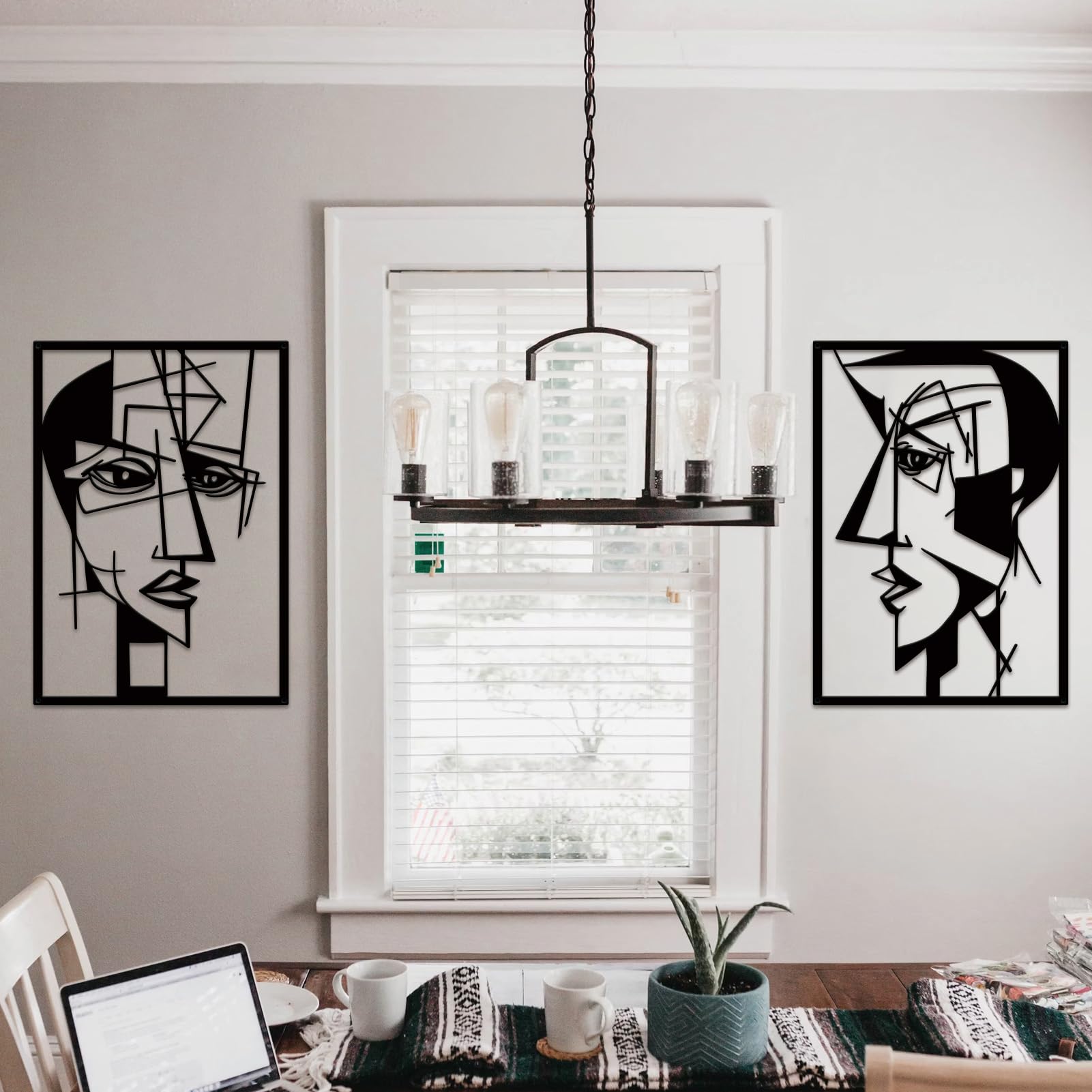 ESTART 2 Pieces Abstract Lover Faces Metal Wall Decor, Modern Minimalist Single Line Geometric Hanging Wall Art, Black Metal Wall Sculptures for Home Living Room Bedroom Bathroom Kitchen 24x15.7 IN - Image 5