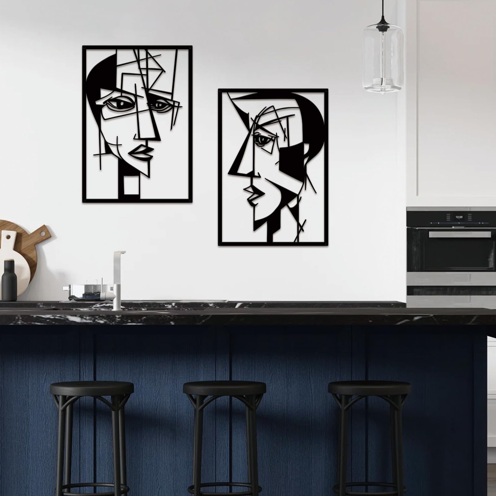 ESTART 2 Pieces Abstract Lover Faces Metal Wall Decor, Modern Minimalist Single Line Geometric Hanging Wall Art, Black Metal Wall Sculptures for Home Living Room Bedroom Bathroom Kitchen 24x15.7 IN - Image 6