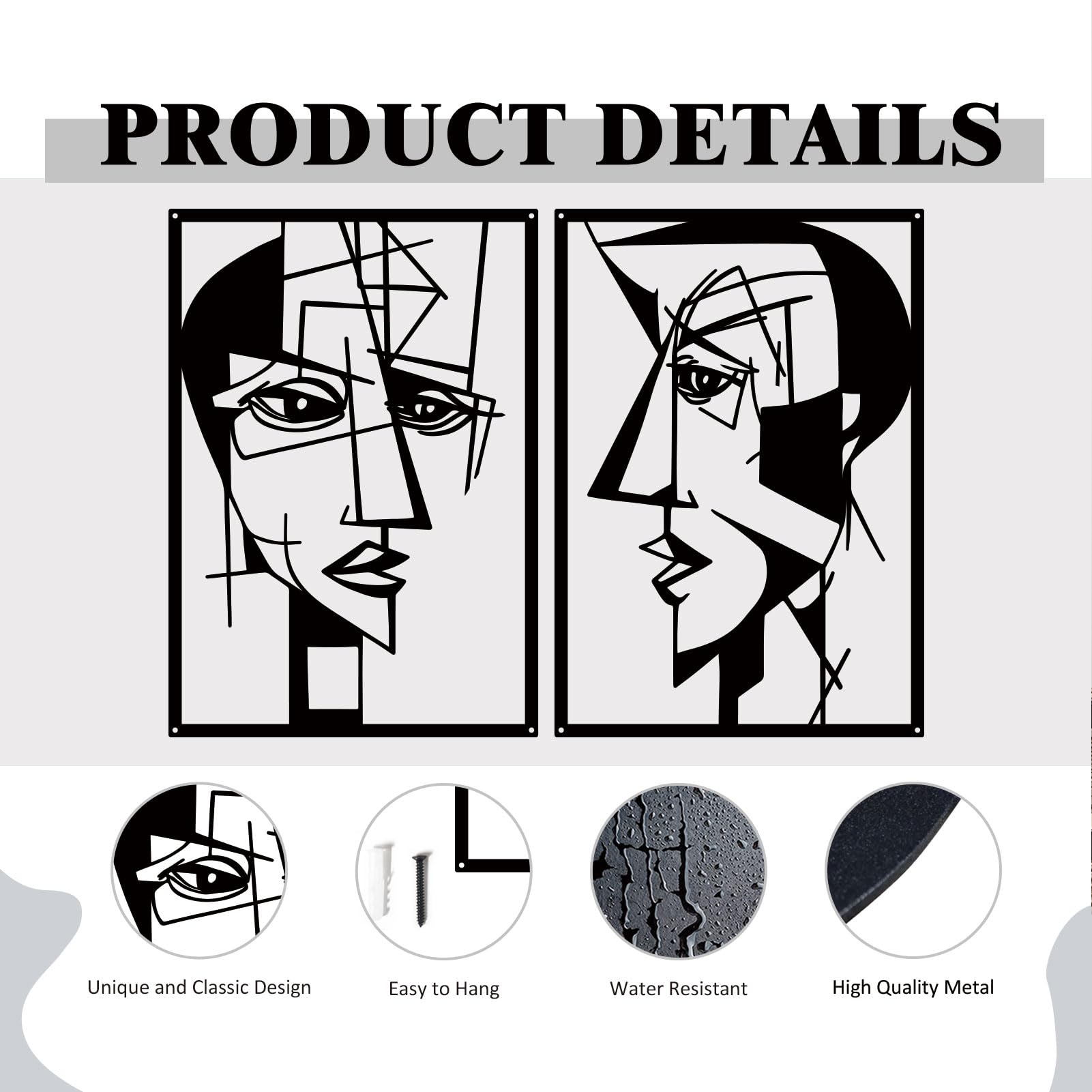 ESTART 2 Pieces Abstract Lover Faces Metal Wall Decor, Modern Minimalist Single Line Geometric Hanging Wall Art, Black Metal Wall Sculptures for Home Living Room Bedroom Bathroom Kitchen 24x15.7 IN - Image 7