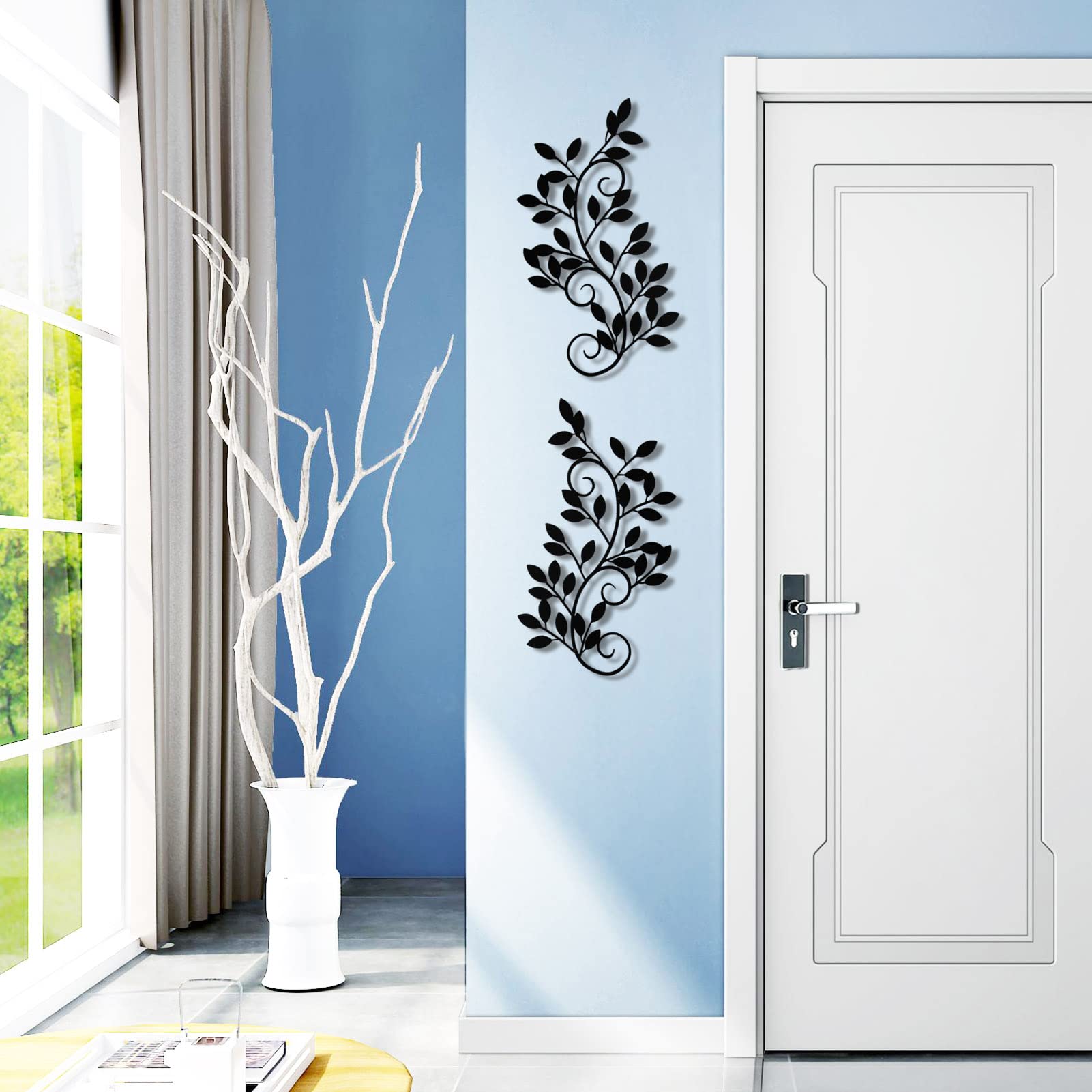 ESTART 2 Pieces Metal Tree Leaf Wall Decor Vine Olive Branch Leaf Wall Art Wrought Iron Scroll Sculptures for Above the Bed, Living Room, Bathroom, Hallway, Office, Outdoor Decoration (Black) - Image 7