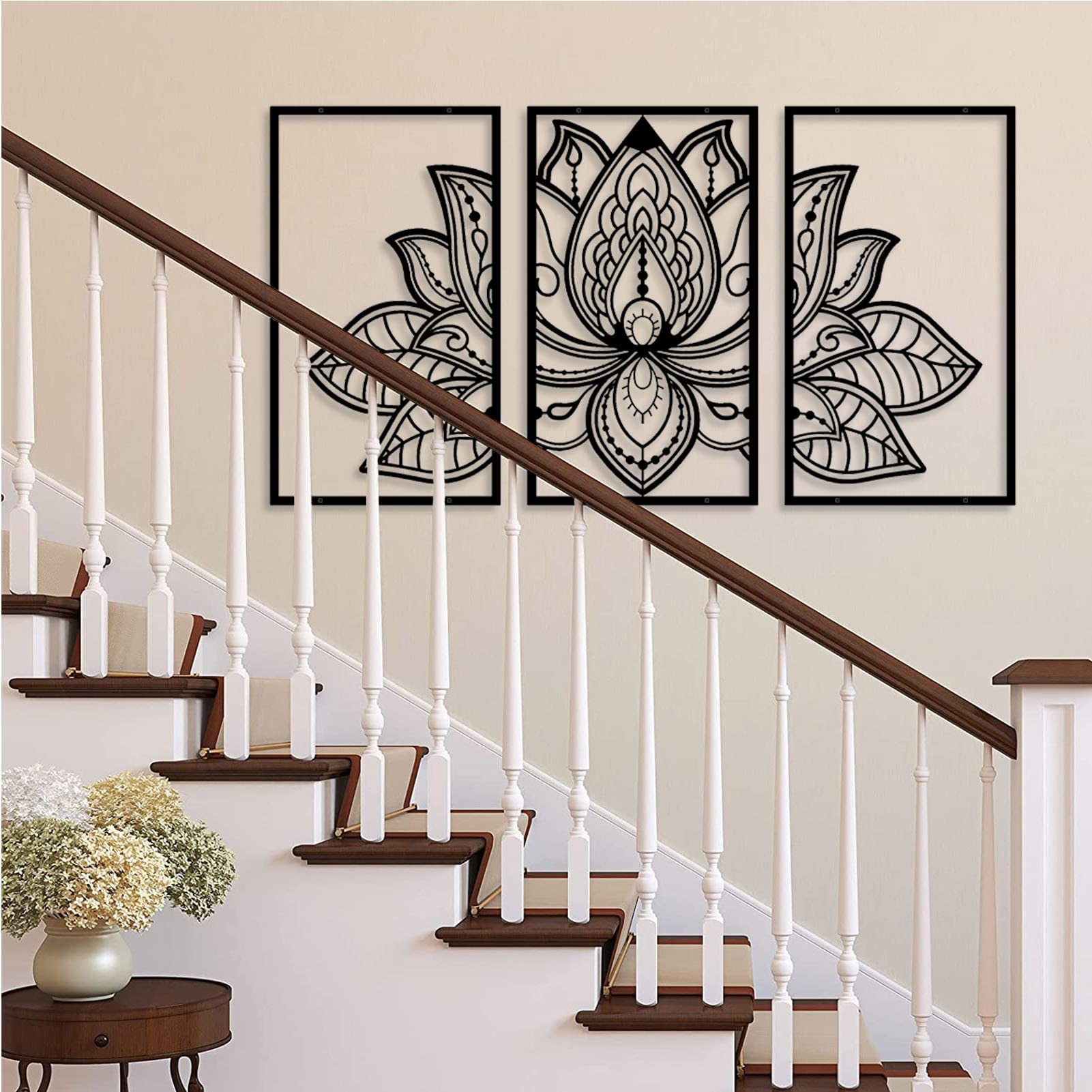 ESTART 3 Pcs Lotus Flower Metal Wall Art Decor, Religion Faith Mandala Home Wall Decoration for Living Room, Bedroom, Bathroom, Office and Yoga Room Hanging Decor (Black) - Image 5