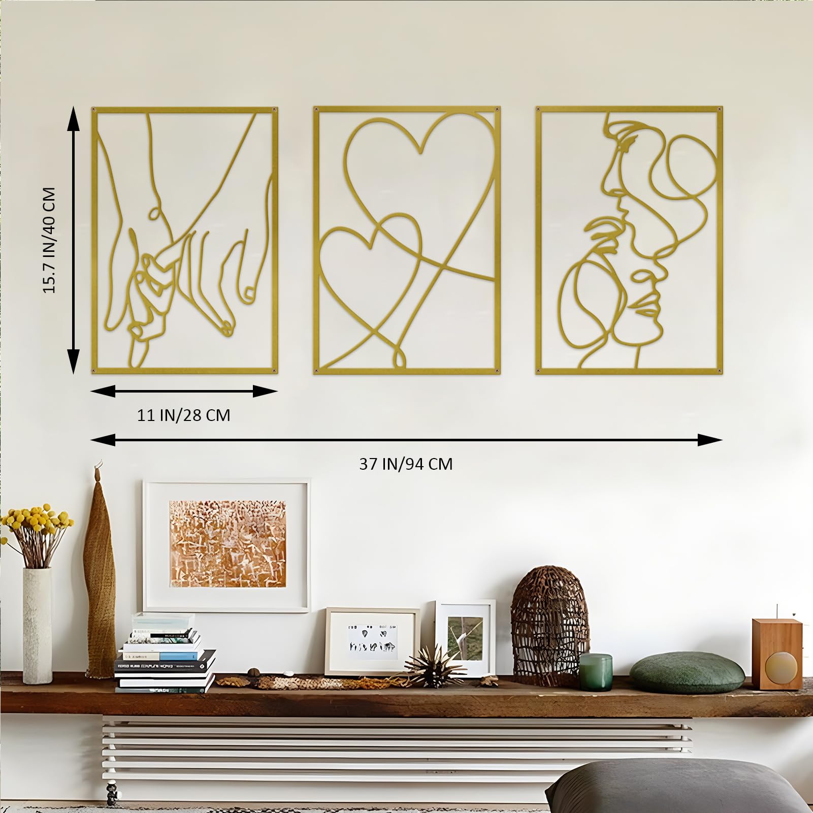 ESTART 3 Pieces Metal Minimalist Line Wall Art, Valentine's Day Lover Kiss Hand Metal Wall Decor, Aesthetic Modern Home Hanging Wall Art Decor for Bedroom Bathroom Living Room (Gold) - Image 3
