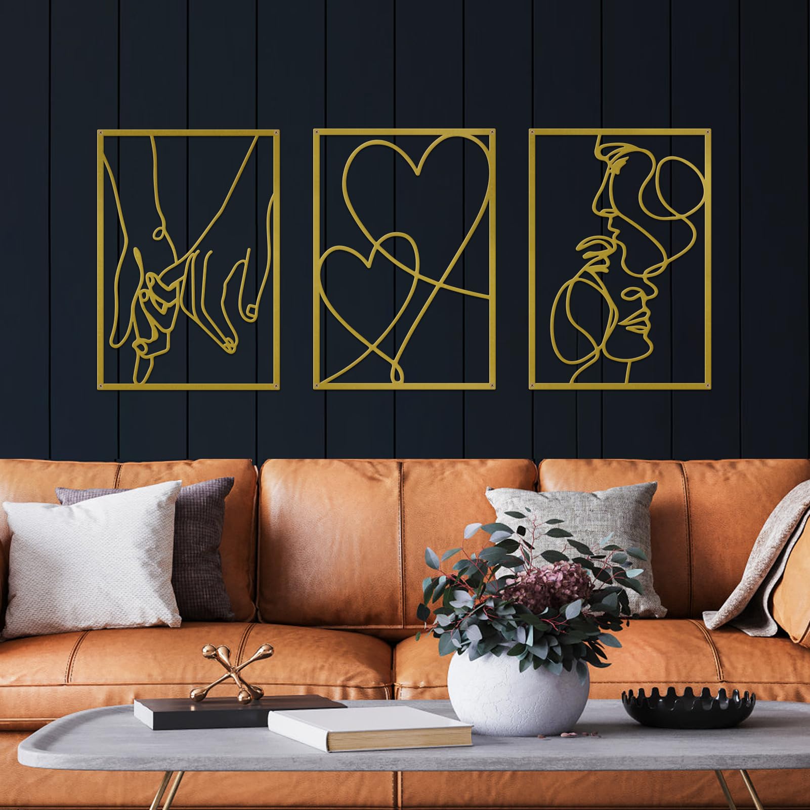 ESTART 3 Pieces Metal Minimalist Line Wall Art, Valentine's Day Lover Kiss Hand Metal Wall Decor, Aesthetic Modern Home Hanging Wall Art Decor for Bedroom Bathroom Living Room (Gold) - Image 7