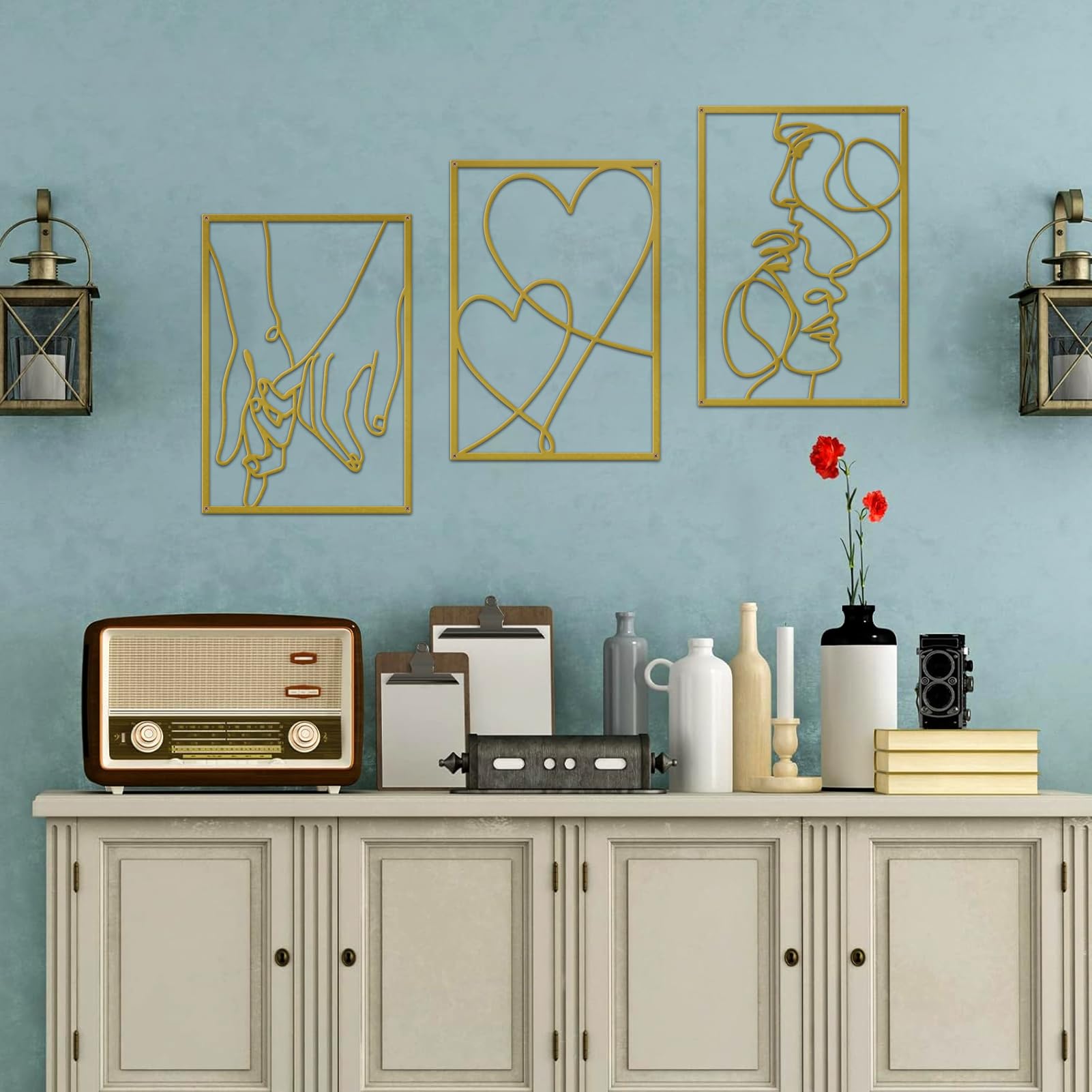 ESTART 3 Pieces Metal Minimalist Line Wall Art, Valentine's Day Lover Kiss Hand Metal Wall Decor, Aesthetic Modern Home Hanging Wall Art Decor for Bedroom Bathroom Living Room (Gold) - Image 8