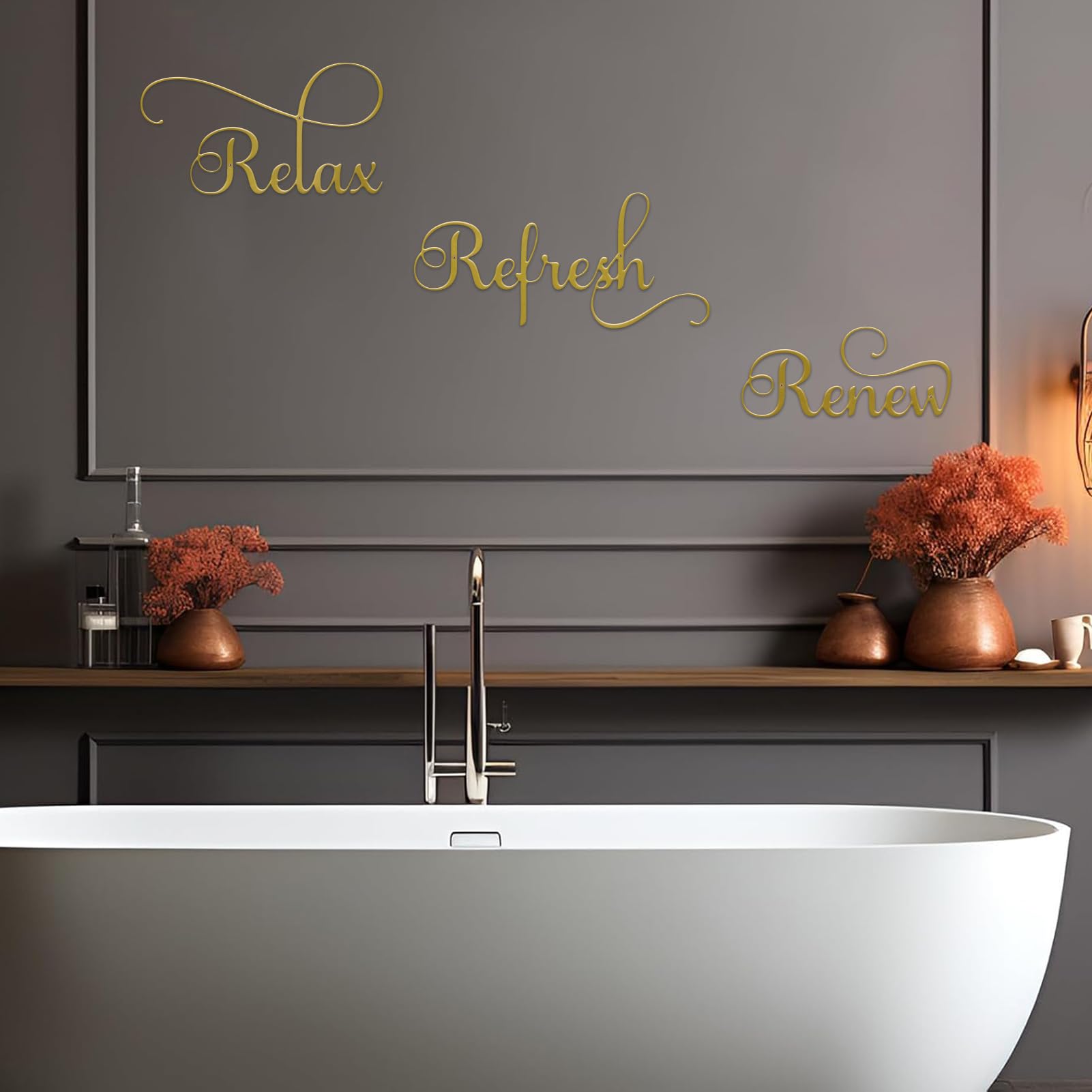 ESTART 3 Pieces Relax Refresh Renew Bathroom Signs Decor Farmhouse Bathroom Wall Art Sign Gold Metal Relax Renew Refresh Wall Decor for Home Living Room Any Room Bathroom Decoration (Gold) - Image 2