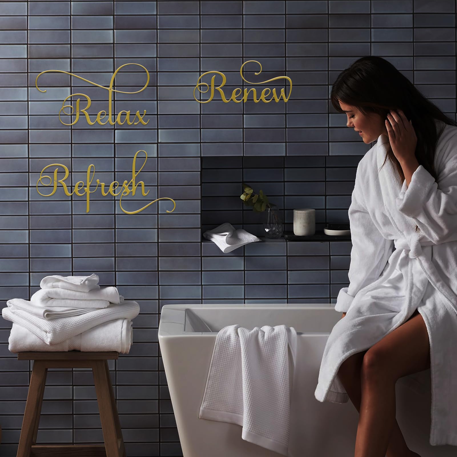 ESTART 3 Pieces Relax Refresh Renew Bathroom Signs Decor Farmhouse Bathroom Wall Art Sign Gold Metal Relax Renew Refresh Wall Decor for Home Living Room Any Room Bathroom Decoration (Gold) - Image 4
