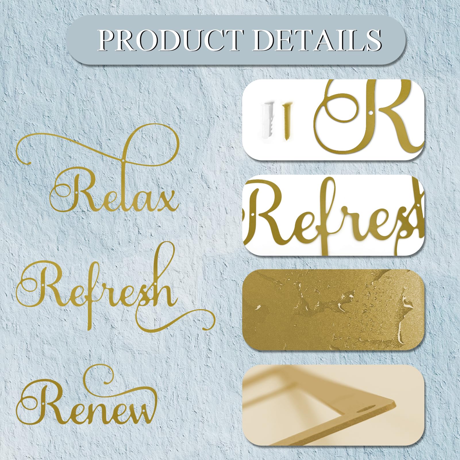 ESTART 3 Pieces Relax Refresh Renew Bathroom Signs Decor Farmhouse Bathroom Wall Art Sign Gold Metal Relax Renew Refresh Wall Decor for Home Living Room Any Room Bathroom Decoration (Gold) - Image 8