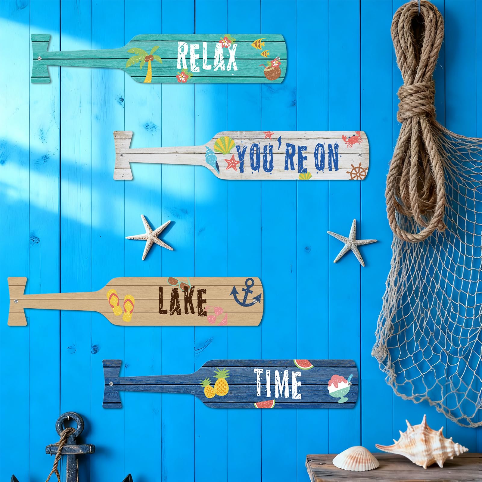 ESTART 4 Pcs Metal Paddle Home Wall Decor Nautical Canoe Oar Wall Art Decor Vintage Ornaments Hanging Wall Sculpture Indoor Outdoor for Ocean Lovers Bedroom Beach Theme Home Decoration (Colorful) - Image 3