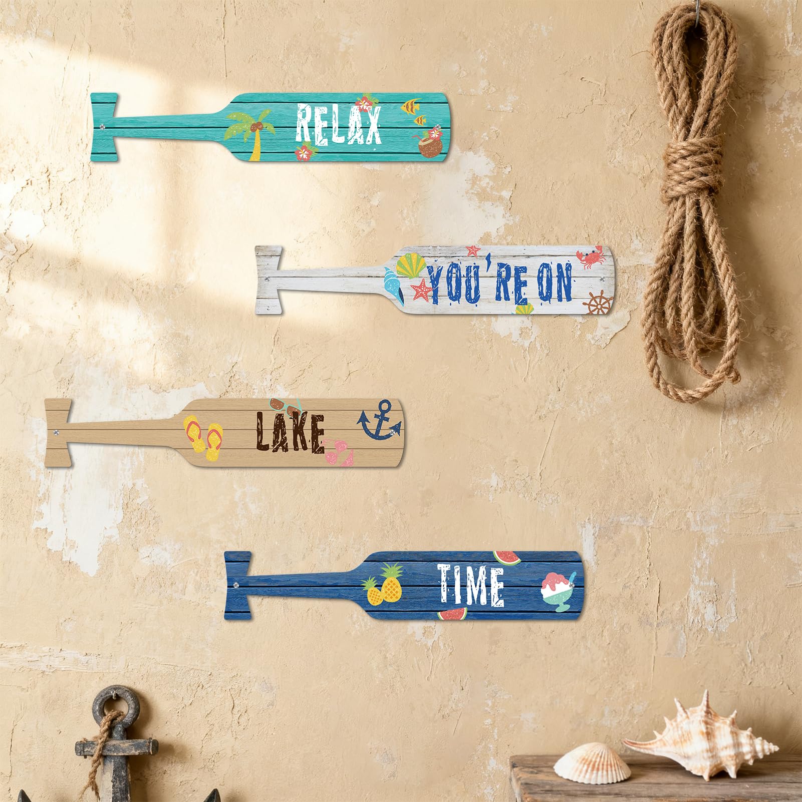 ESTART 4 Pcs Metal Paddle Home Wall Decor Nautical Canoe Oar Wall Art Decor Vintage Ornaments Hanging Wall Sculpture Indoor Outdoor for Ocean Lovers Bedroom Beach Theme Home Decoration (Colorful) - Image 4