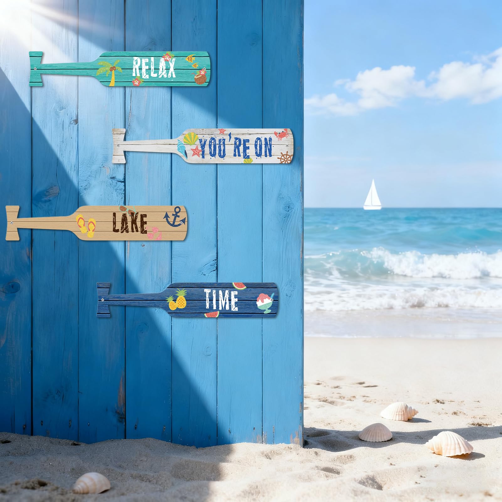 ESTART 4 Pcs Metal Paddle Home Wall Decor Nautical Canoe Oar Wall Art Decor Vintage Ornaments Hanging Wall Sculpture Indoor Outdoor for Ocean Lovers Bedroom Beach Theme Home Decoration (Colorful) - Image 7