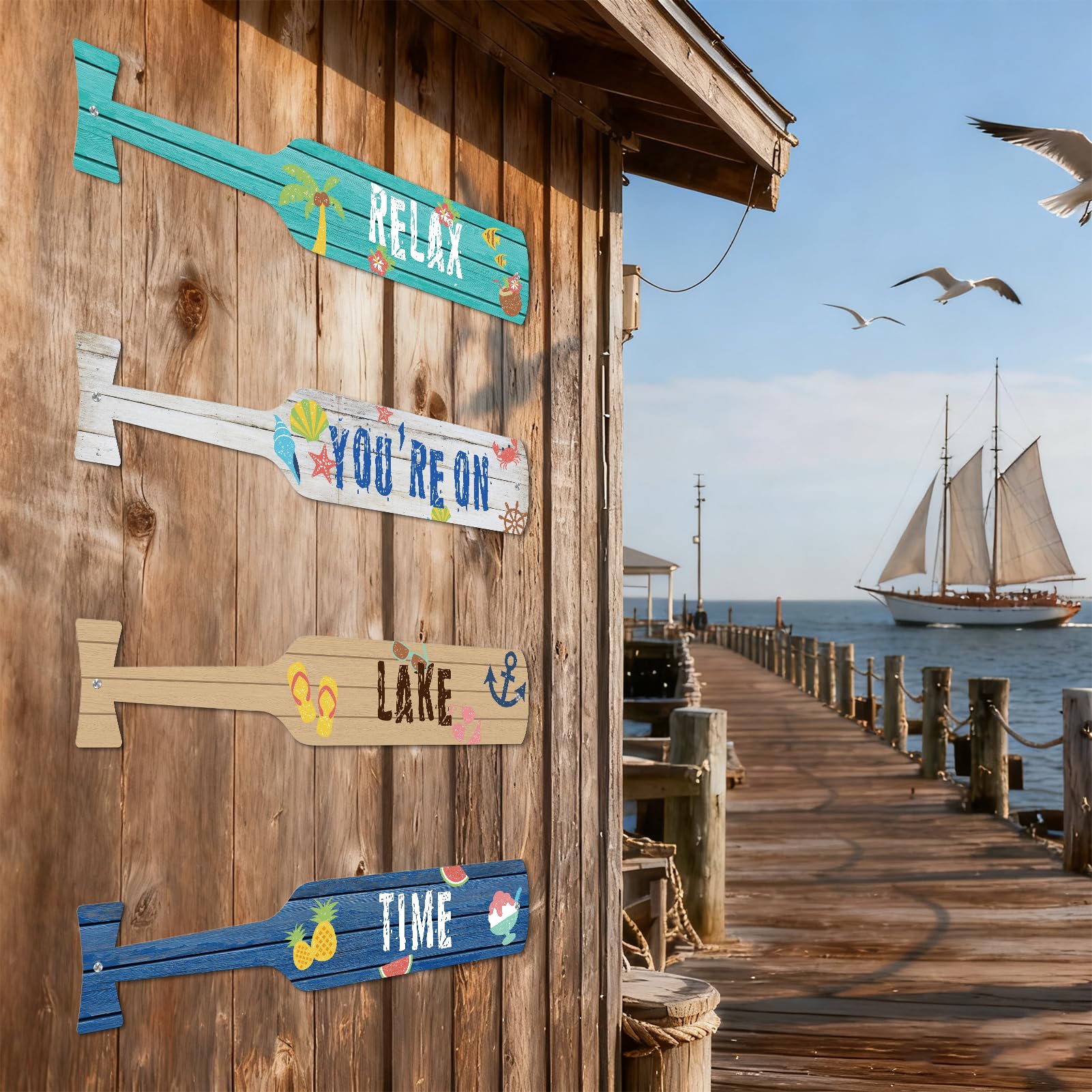 ESTART 4 Pcs Metal Paddle Home Wall Decor Nautical Canoe Oar Wall Art Decor Vintage Ornaments Hanging Wall Sculpture Indoor Outdoor for Ocean Lovers Bedroom Beach Theme Home Decoration (Colorful) - Image 8
