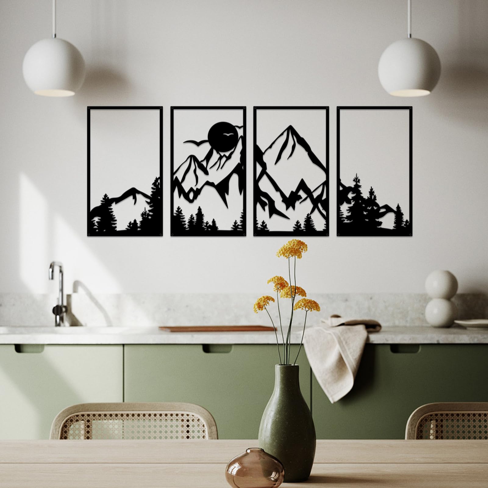 ESTART 4 Pcs Mountain Range Metal Wall Art Decor Summit Metal Wall Sign Rustic Forest Home Decor Sign Mountain Scene Wall Decor Art Hanging for Living Room Bedroom Bathroom Office, 45.3 x 17 Inch - Image 3
