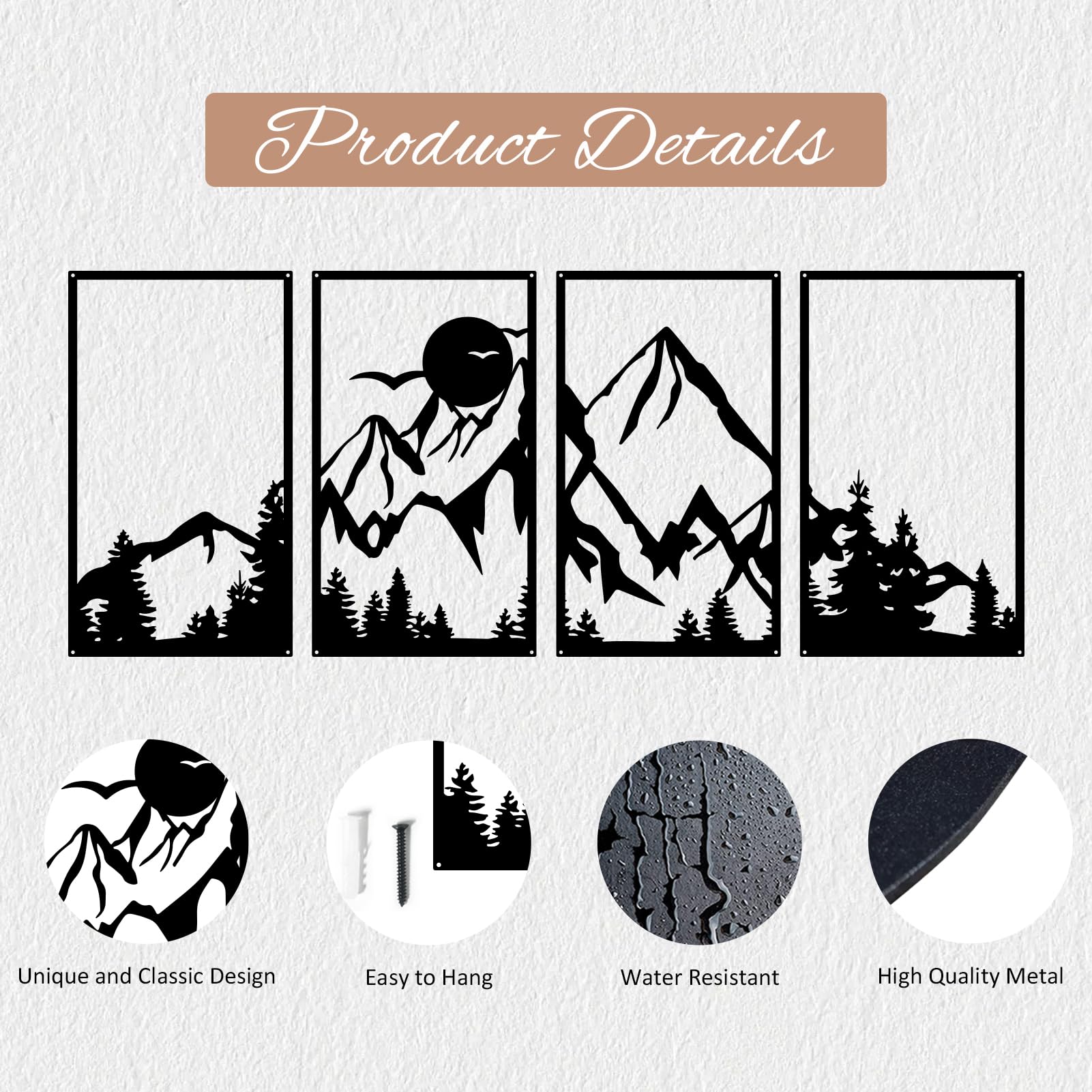 ESTART 4 Pcs Mountain Range Metal Wall Art Decor Summit Metal Wall Sign Rustic Forest Home Decor Sign Mountain Scene Wall Decor Art Hanging for Living Room Bedroom Bathroom Office, 45.3 x 17 Inch - Image 7