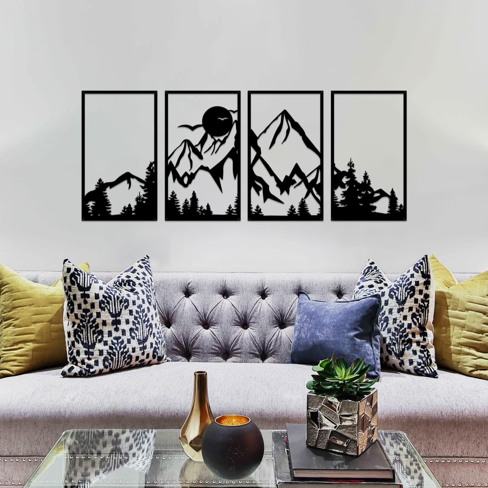 ESTART 4 Pcs Mountain Range Metal Wall Art Decor Summit Metal Wall Sign Rustic Forest Home Decor Sign Mountain Scene Wall Decor Art Hanging for Living Room Bedroom Bathroom Office, 45.3 x 17 Inch - Image 8