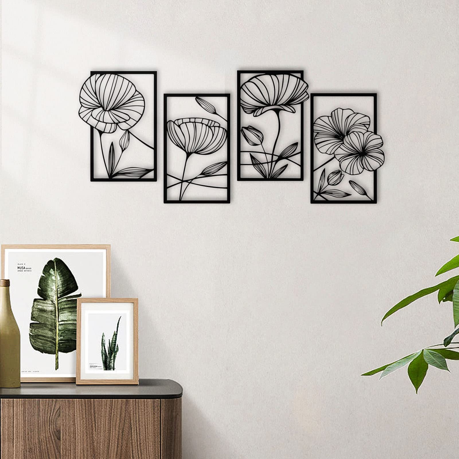 ESTART 4 Pieces Metal Lotus Wall Decor Abstract Floral Aesthetic Splicing Line Art Minimalist Wall Decor for Bedroom Flowers Hanging Wall Sculpture for Living Room Kitchen Office Yoga Room (Black) - Image 5