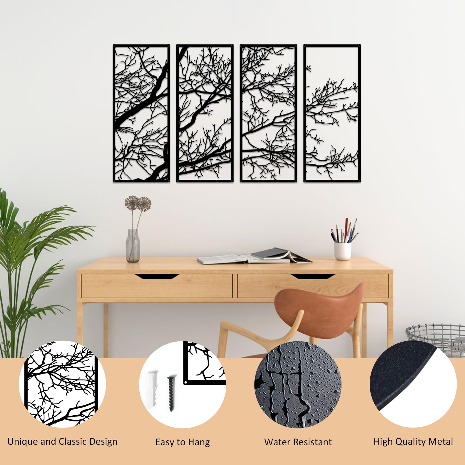 ESTART 4 Pieces Tree of Life Metal Wall Decor, Black Tree Branch Metal Wall Art, Tree Sign Wall Hangings for Home Garden Office Living Room Indoor Outdoor (Large) - Image 3