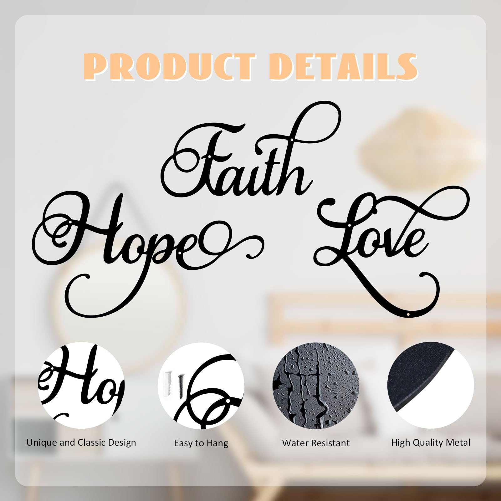 ESTART Faith Hope Love 3 Pieces Metal Wall Decor Inspirational Black Letter Sign Wall Art Rustic Vintage Farmhouse Word Metal Sign Family Wall Decor for Home Bedroom Living Room - Image 4