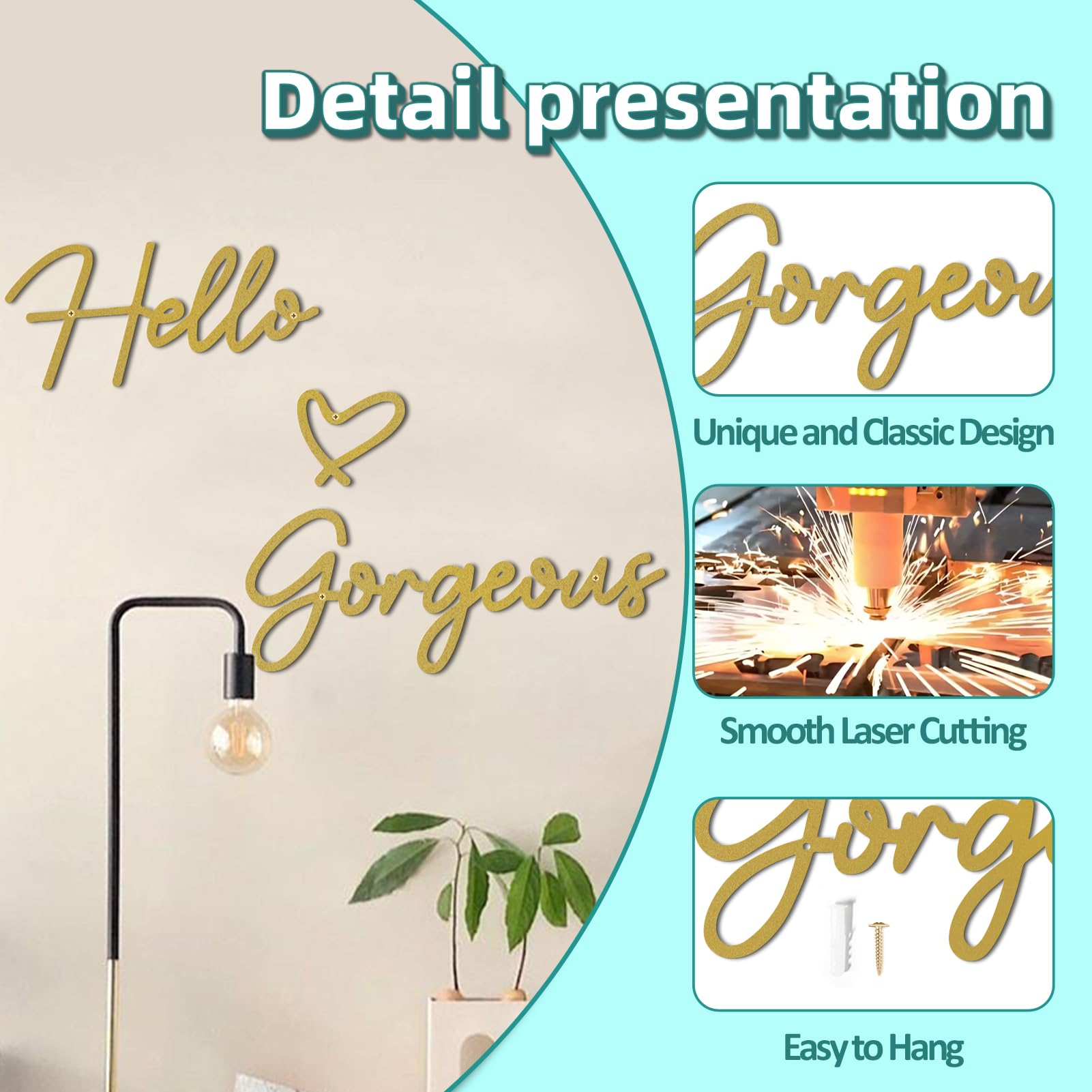 ESTART Hello Gorgeous Metal Wall Art Decor Gold Modern Hello Gorgeous Signs Farmhouse Metal Wall Art Hanging Decoration for Bathroom Living Room Bedroom Office Hotel Home Wall Decoration (Gold) - Image 7