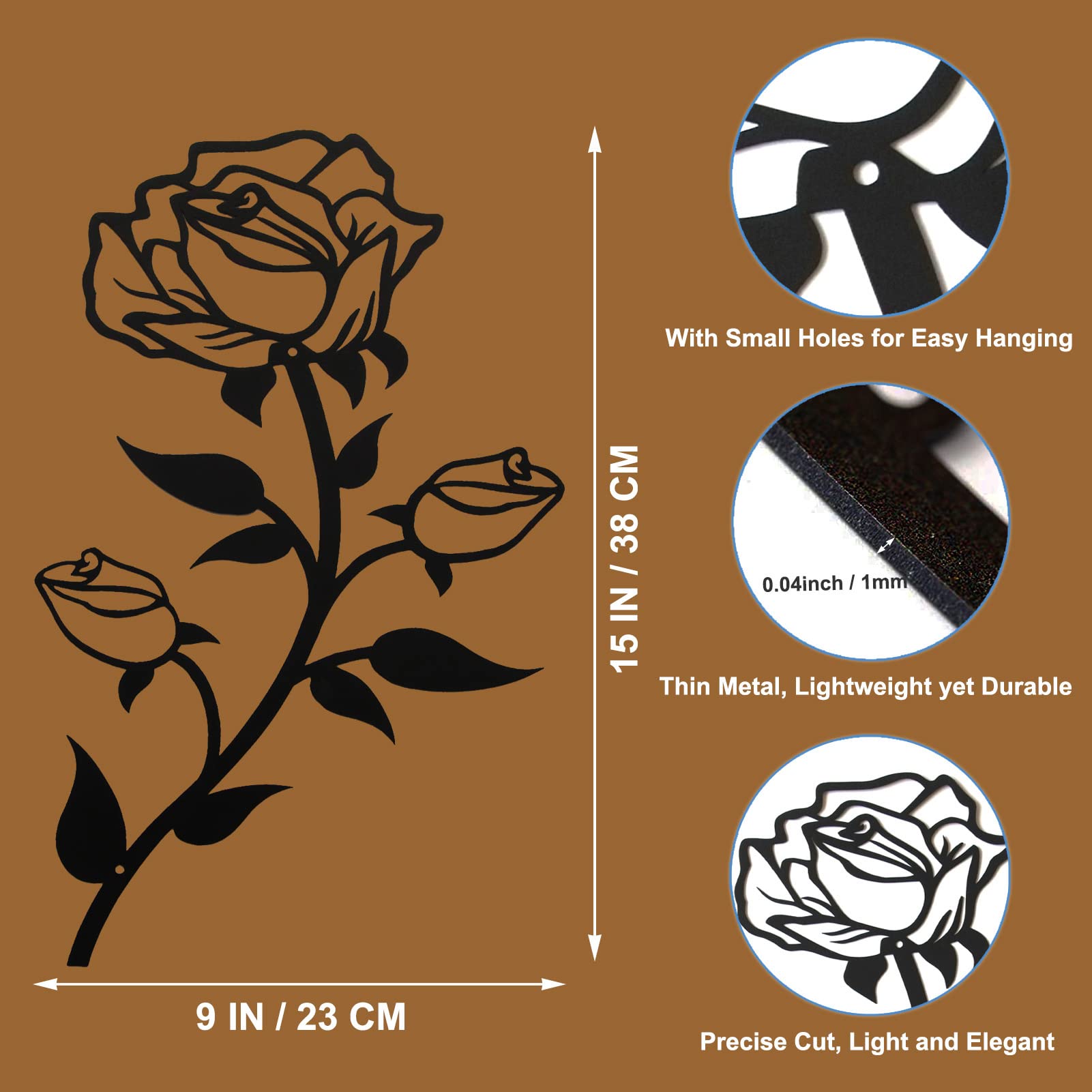 ESTART Large Rose Flower Wall Decor, 15“H Black Rose Flower Metal Wall Art Valentine's Day Ornament Wall Hanging for Home Living Room Bedroom Office Indoor Outdoor (2 Pieces) - Image 3