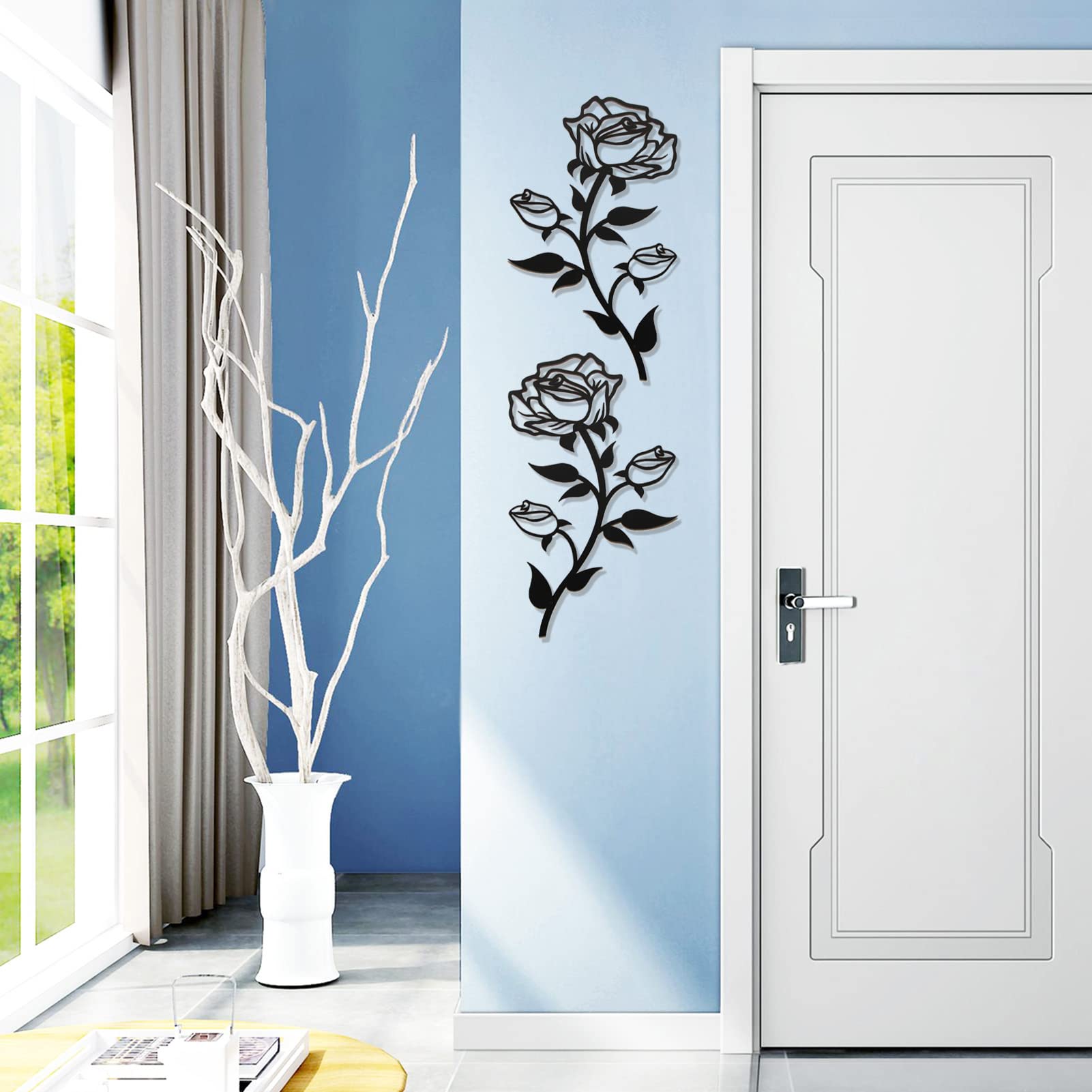 ESTART Large Rose Flower Wall Decor, 15“H Black Rose Flower Metal Wall Art Valentine's Day Ornament Wall Hanging for Home Living Room Bedroom Office Indoor Outdoor (2 Pieces) - Image 4