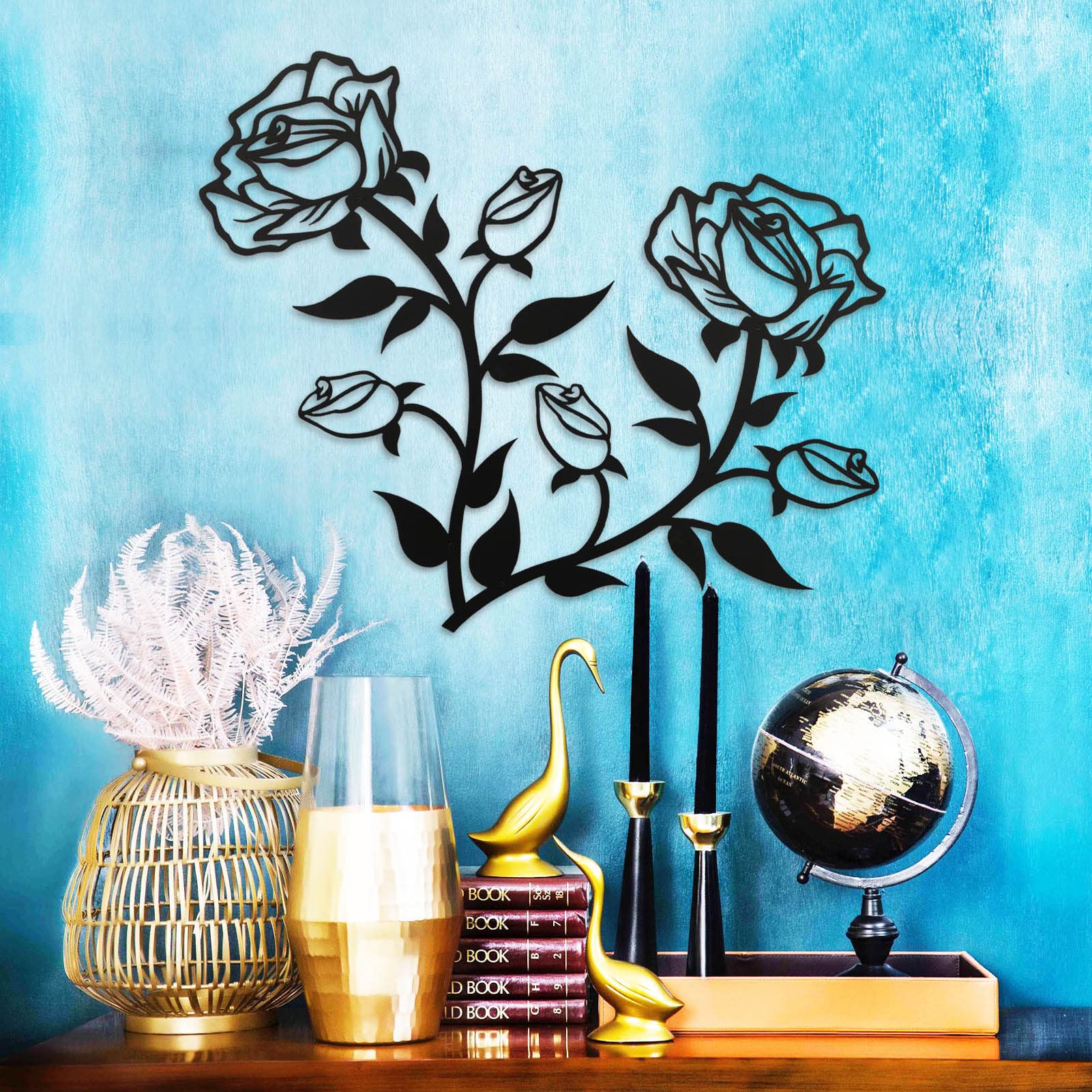ESTART Large Rose Flower Wall Decor, 15“H Black Rose Flower Metal Wall Art Valentine's Day Ornament Wall Hanging for Home Living Room Bedroom Office Indoor Outdoor (2 Pieces) - Image 5