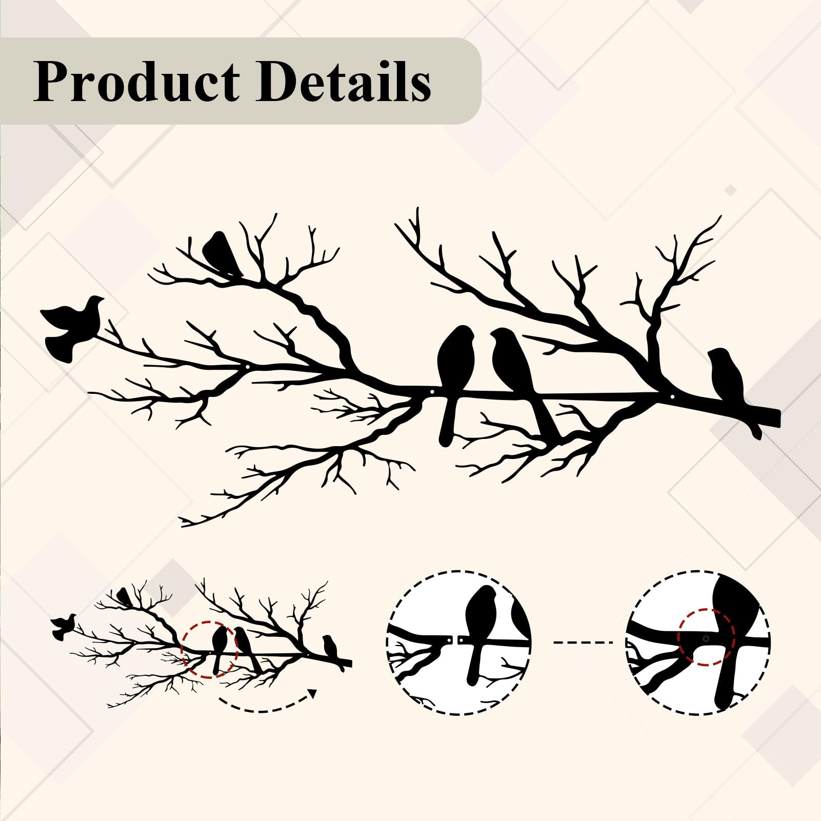 ESTART Metal Birds Wall Art, Metal Vivid Birds on Branch Silhouette Wall Decor Black Leaves with Bird Outdoor Hanging Wall Sculpture for Home Balcony Garden(Large) - Image 5