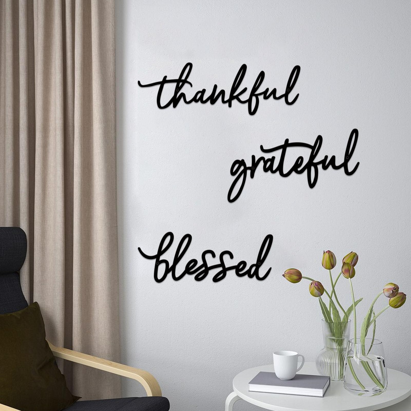 ESTART Thankful Grateful Blessed Letter Sign Metal Wall Decor, 3 Piece Black Letters Wall Art for Bathroom Bedroom Metal Words Wall Decor for Home Decor - Image 3