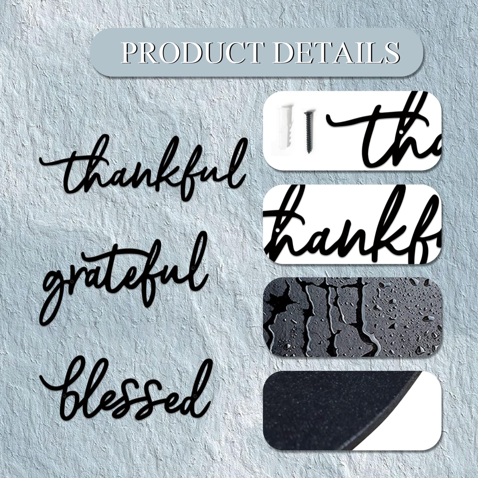 ESTART Thankful Grateful Blessed Letter Sign Metal Wall Decor, 3 Piece Black Letters Wall Art for Bathroom Bedroom Metal Words Wall Decor for Home Decor - Image 7